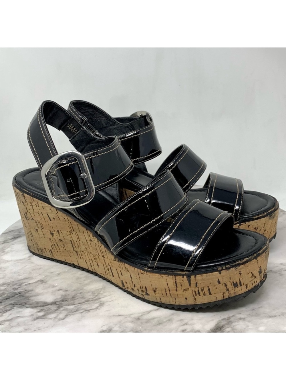 Donald Pliner Irving Chunky Multistrap Patent Leather Wedge Sandals 9.5 Classic